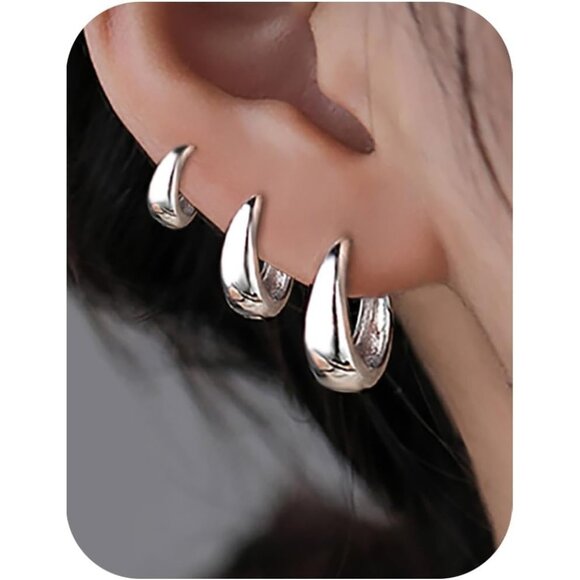 3 Pairs Silver Hoop Earrings Set for Women Chunky Trendy Huggie Dainty Jewelry - Picture 2 of 7